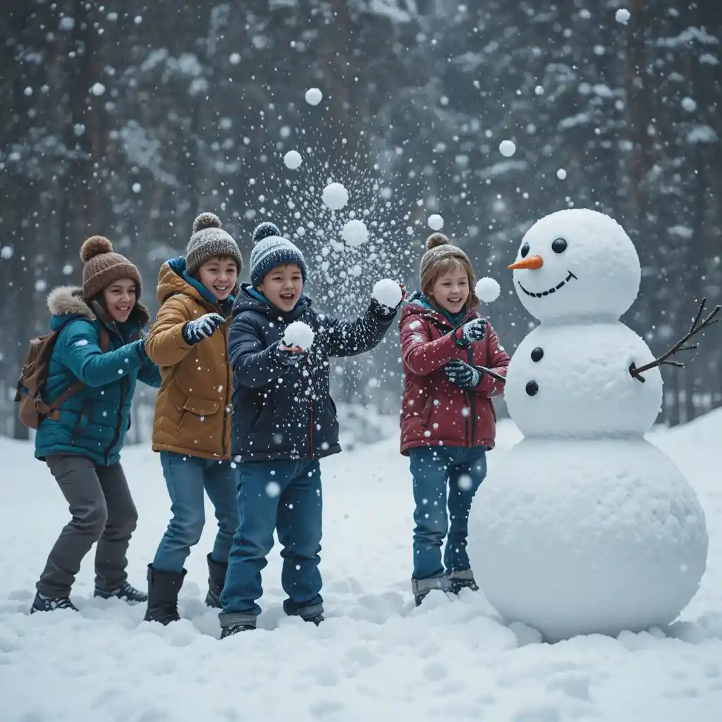 Niños felices jugando a una guerra de bolas de nieve en invierno