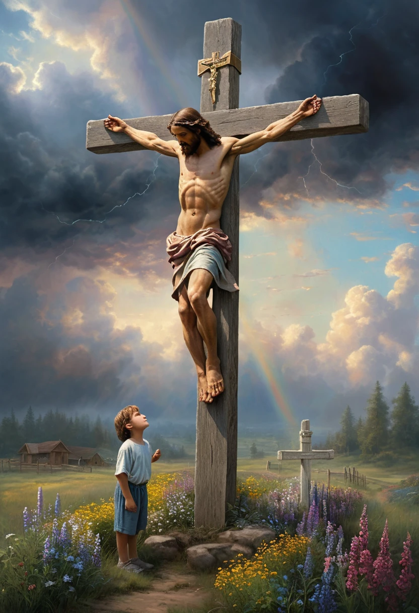 Jésus sur la croix de profil avec un enfant en dessous