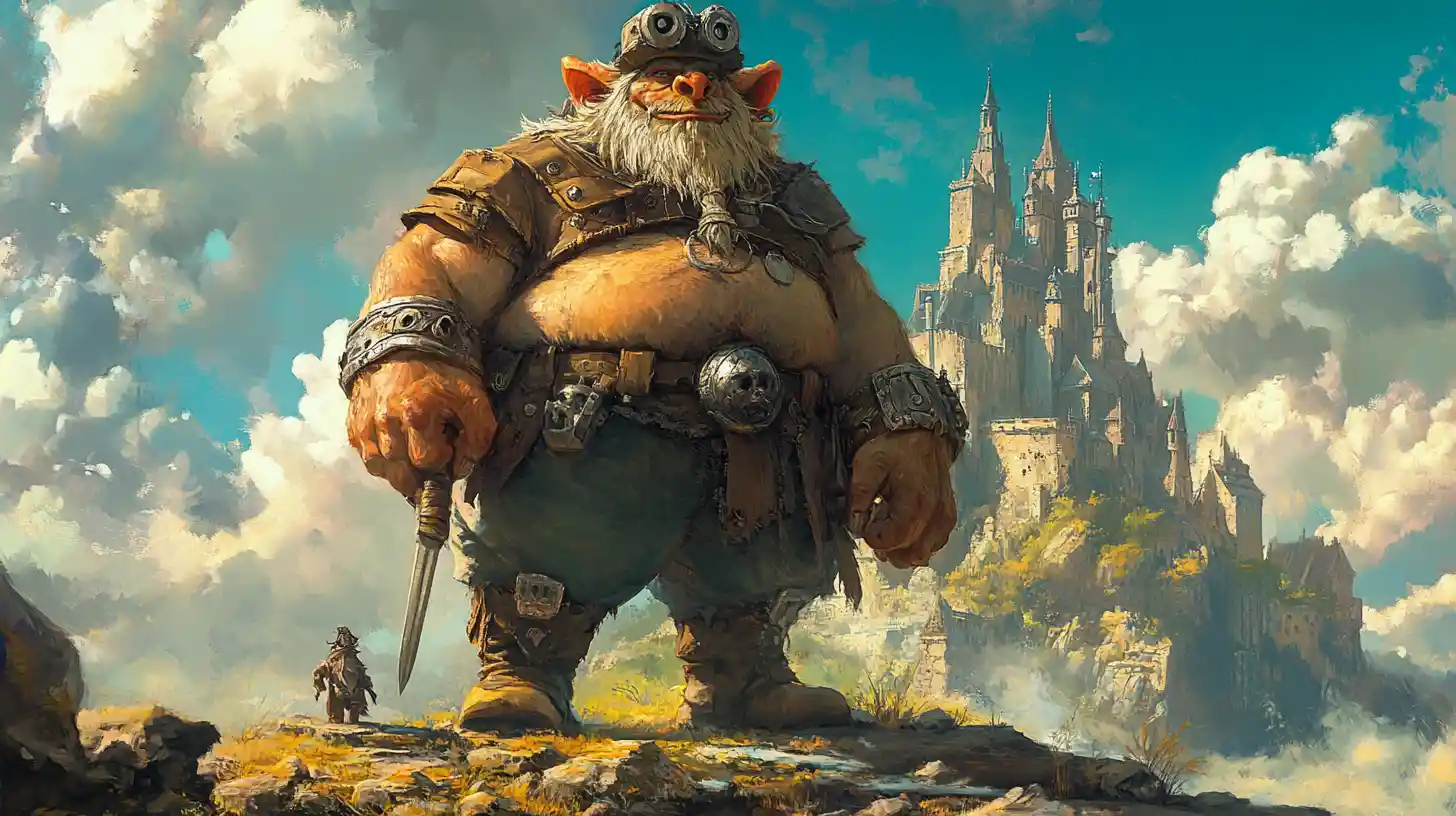 Roi troll royal devant un immense château de pierre fantastique