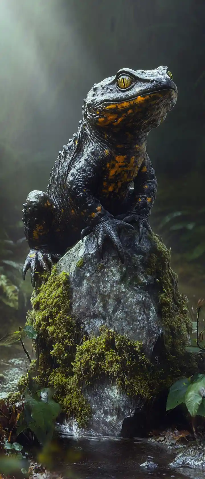 Uralter Salamander auf Stein in einem mystischen nebligen Sumpf
