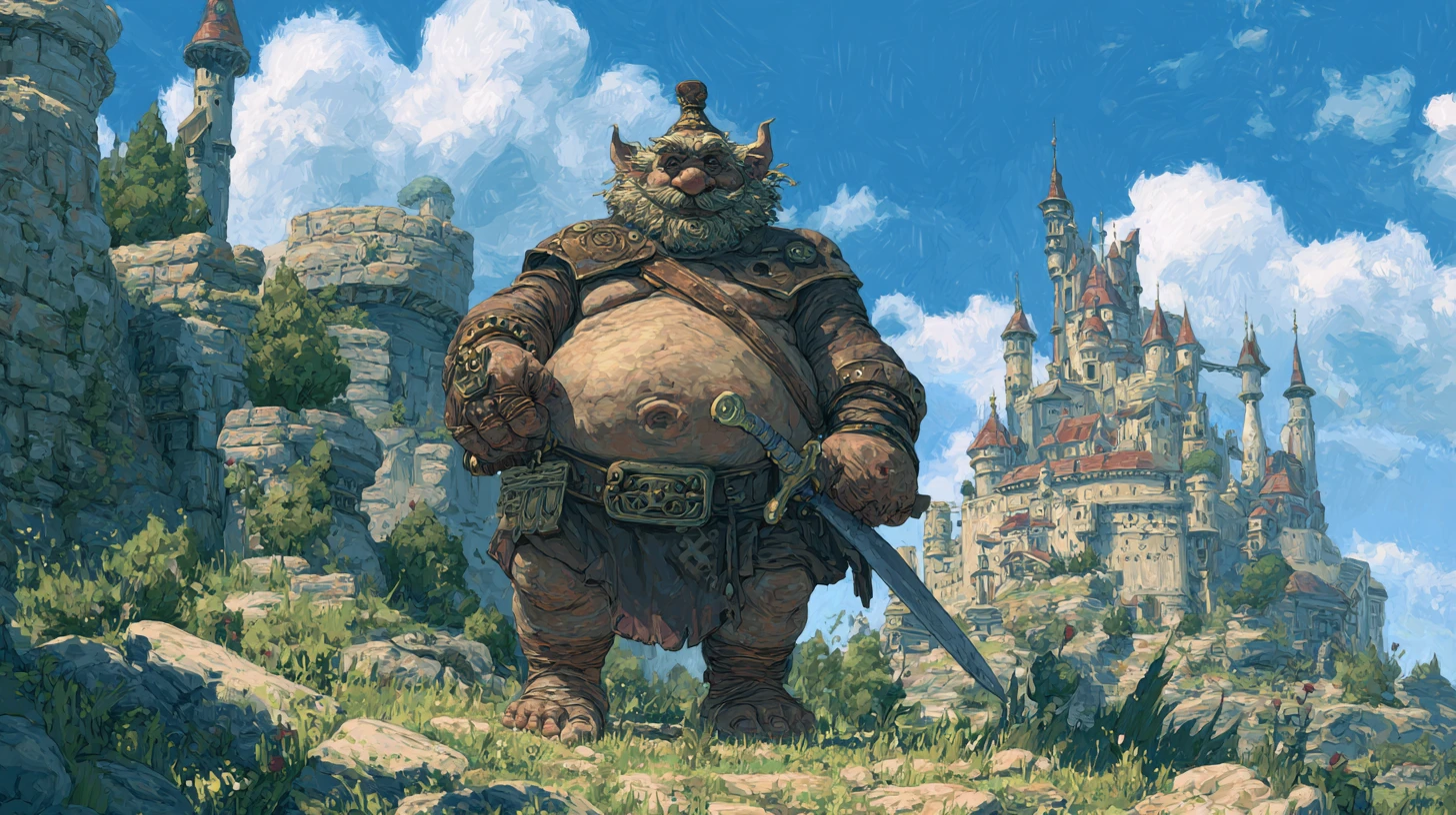 Rei troll majestoso diante de um imponente castelo de pedra fantástico