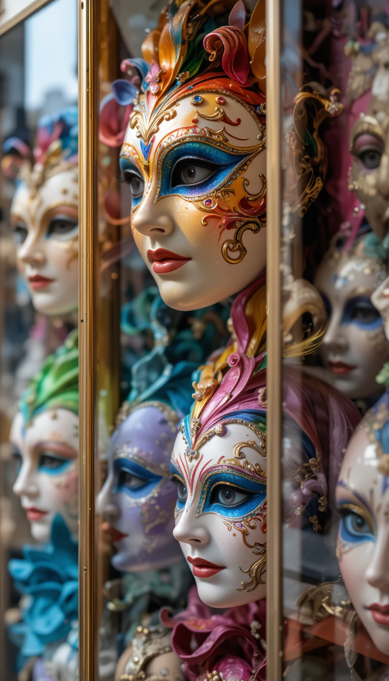 Colorful venetian carnival masks framed behind glass on a wall