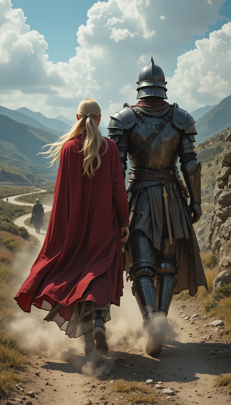 Half elf bard and knight walking a dusty country road