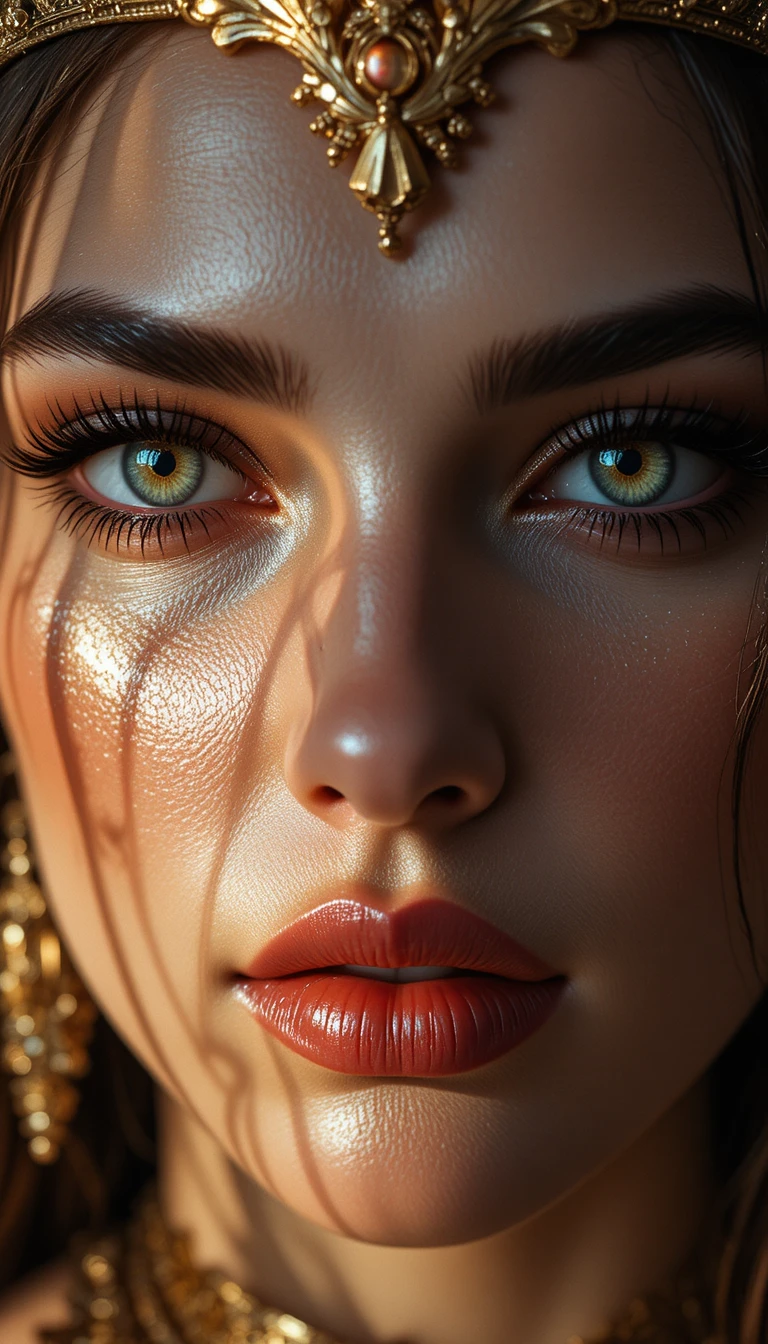 Gros plan extrême sur des yeux avec bijoux de couronne en or scintillants