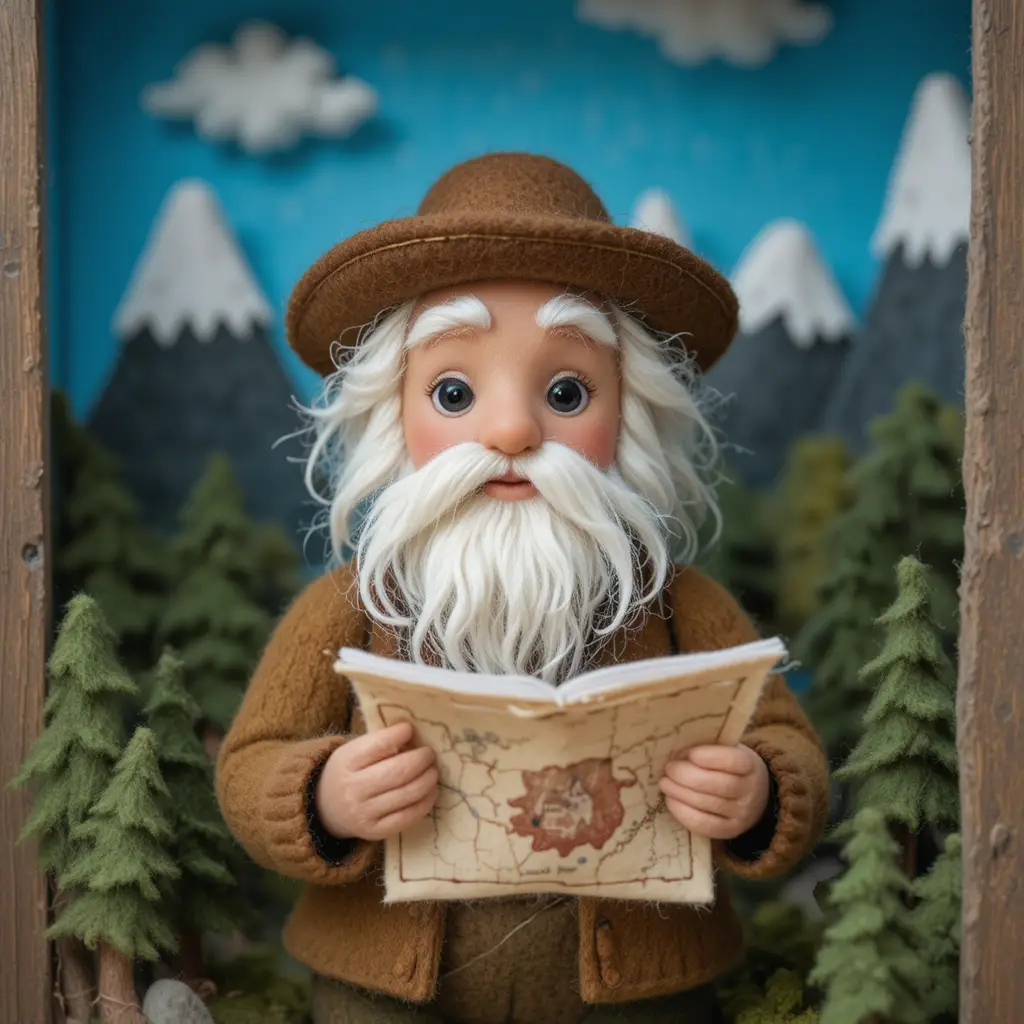Figura di esploratore infeltrito in un accogliente diorama di montagna