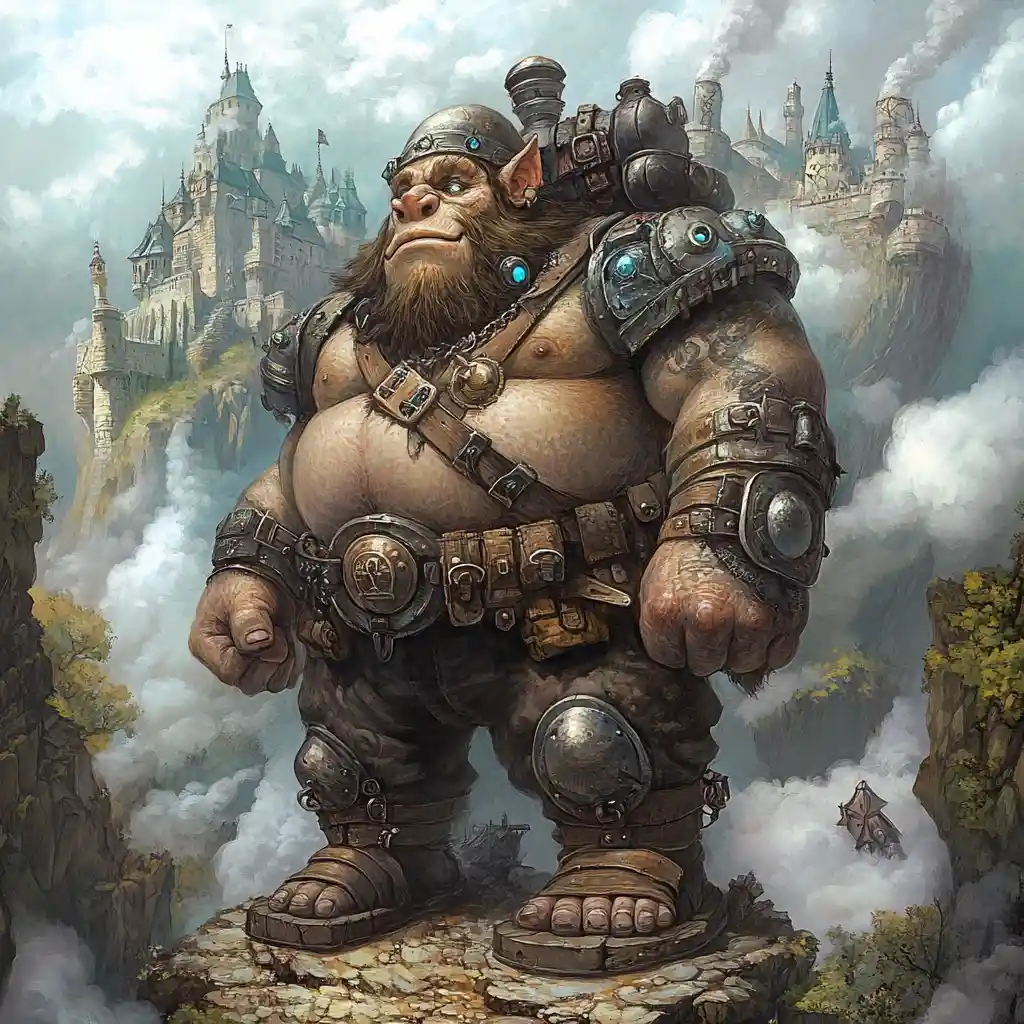 Re troll regale davanti a un imponente castello di pietra fantasy