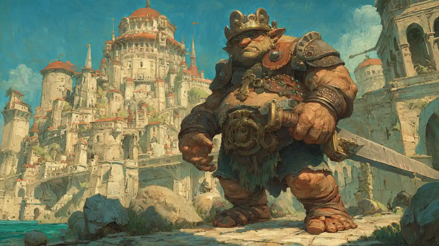 Regal Troll King Before A Massive Fantasy Stone Castle
