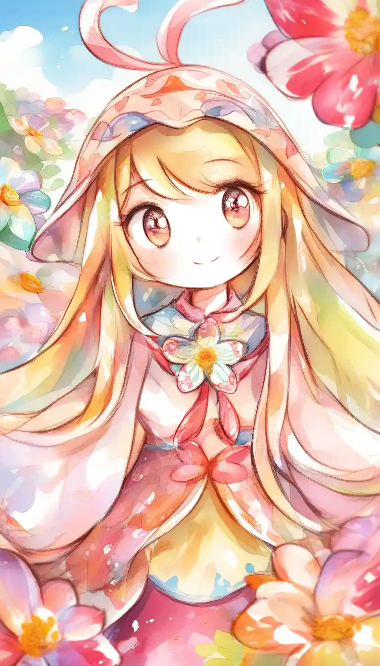晴空下花叢中的俏皮女孩特寫