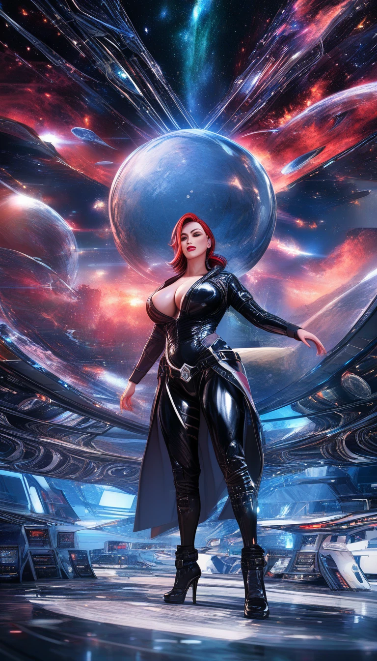 Danseuse sci‑fi en tenue de danse du ventre N7 sur une station spatiale