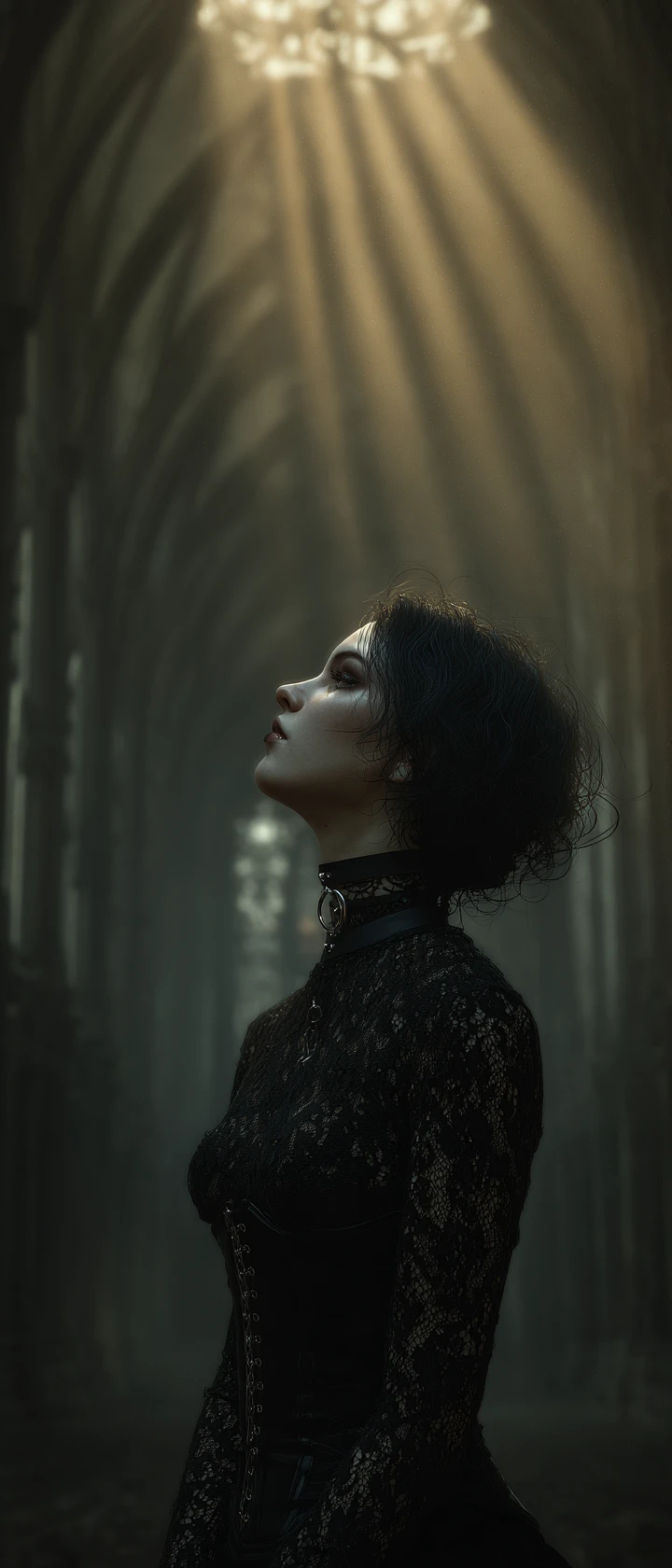 Bleiche Vampirfrau in schwarzer Spitze in schattierter Kathedrale