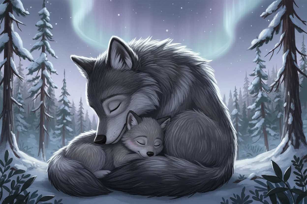 Filhote de lobo dormindo aninhado na pelagem da mãe ao crepúsculo