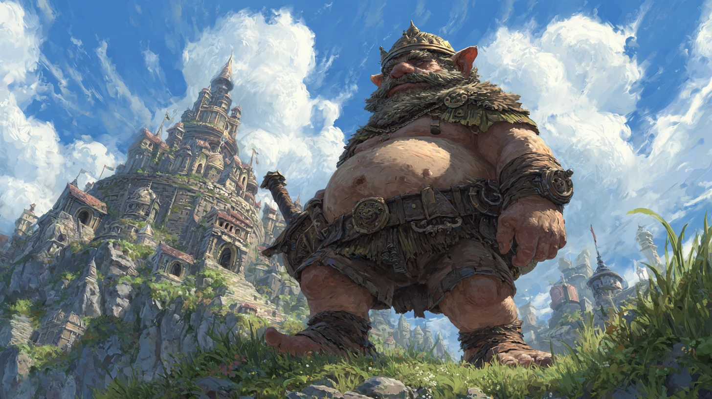 Rei troll régio diante de um colossal castelo de pedra fantástico