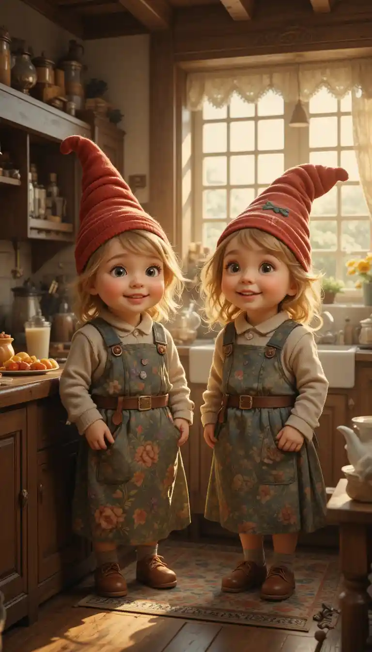 Cheerful halfling twins in a warm cottage kitchen
