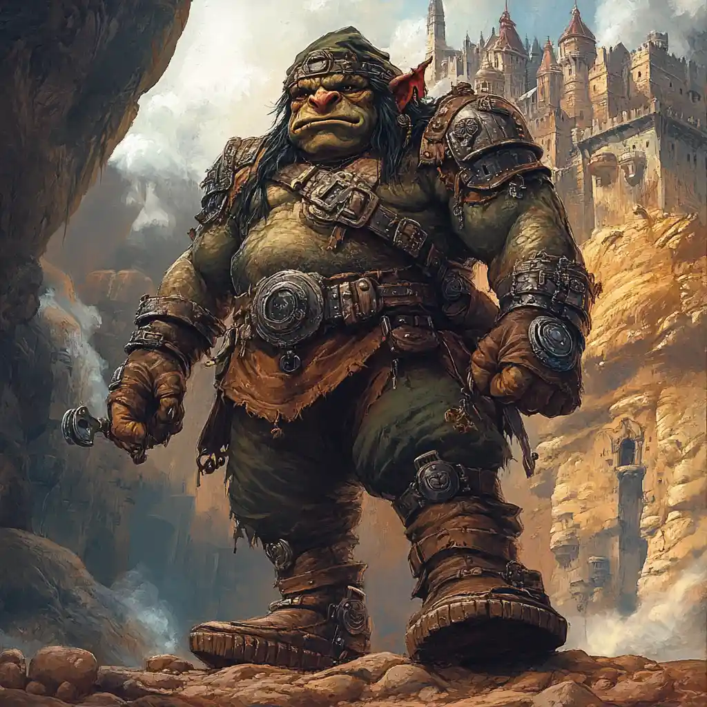 Roi troll royal devant un colossal château de pierre fantastique