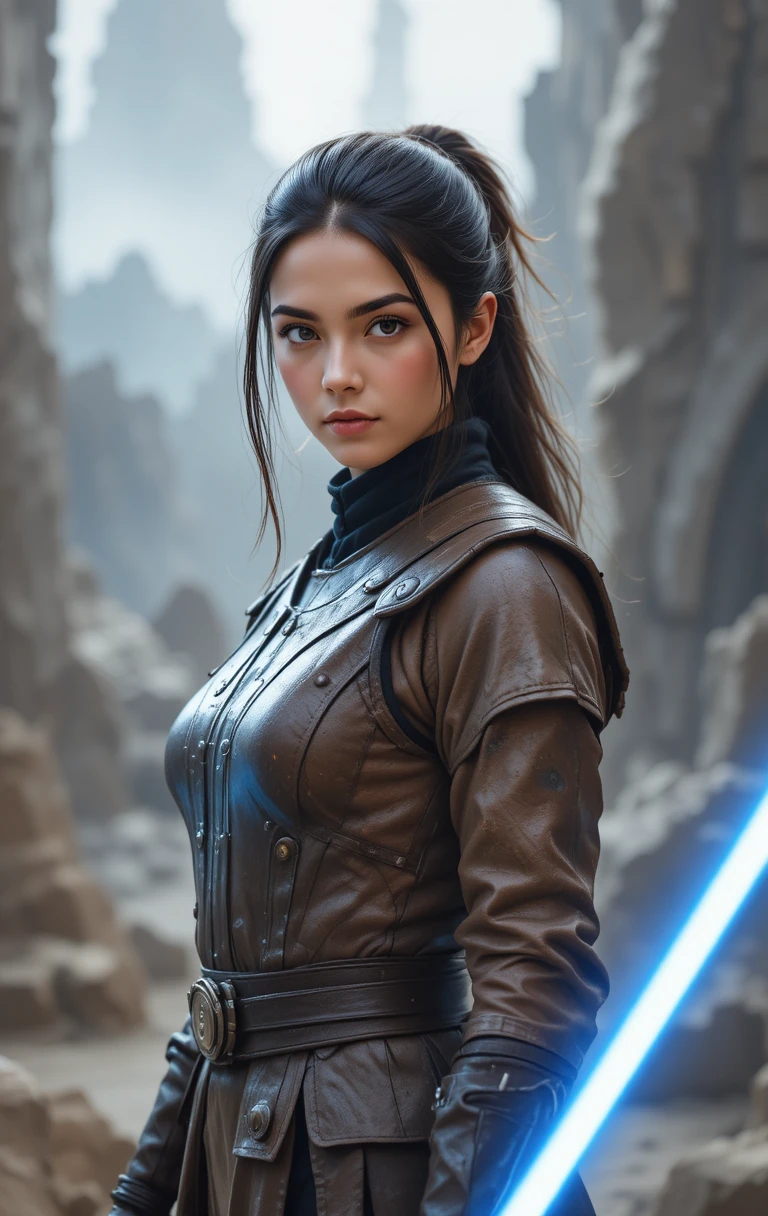 Junge weibliche Jedi-Kriegerin mit leuchtendem blauem Lichtschwert
