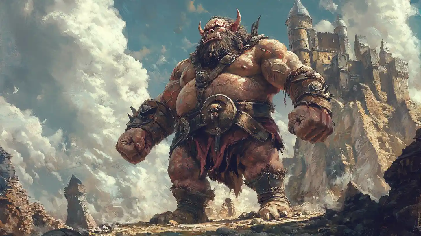 Roi troll royal devant un colossal château de pierre fantastique