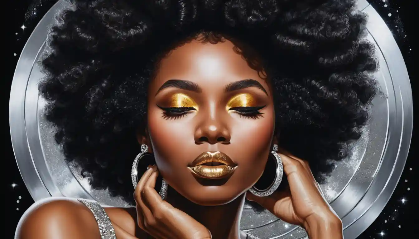 Portrait Pop Art Lumineux d’une Femme avec Afro à Paillettes Argentées
