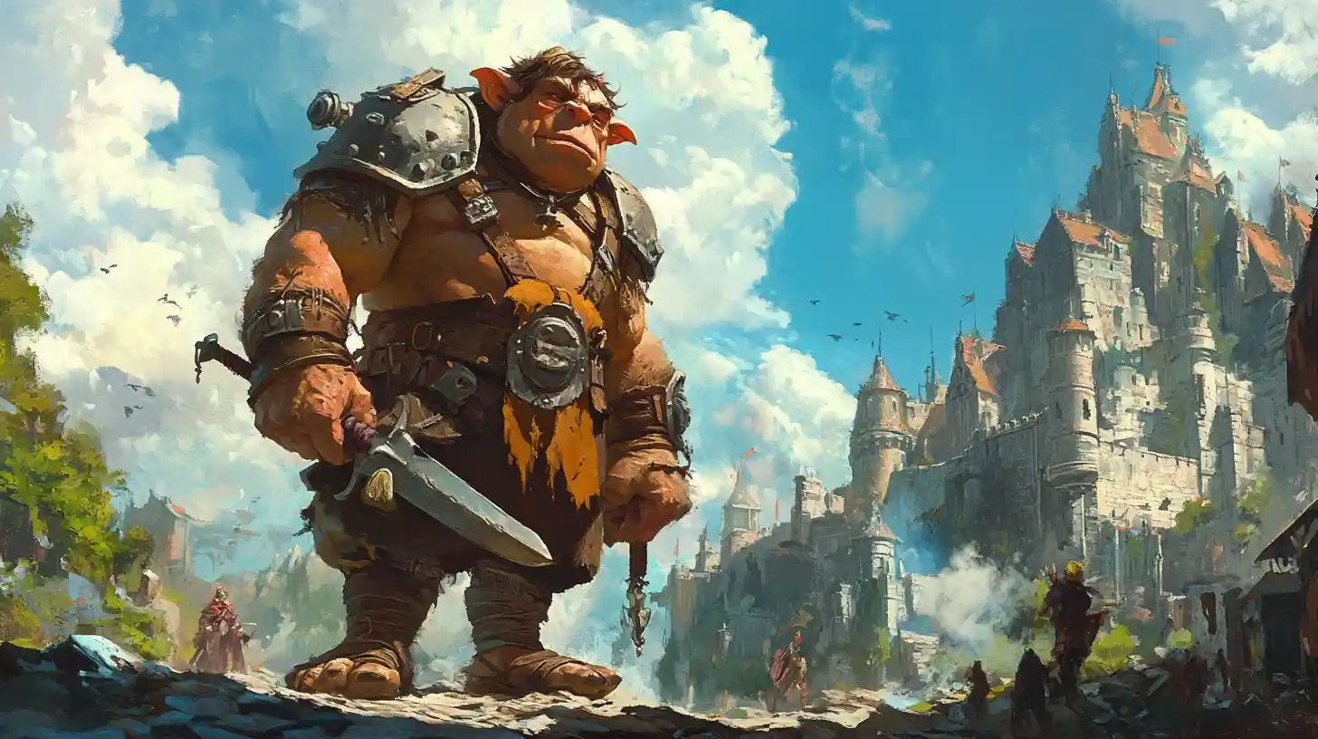 Roi troll royal devant un colossal château de pierre fantastique