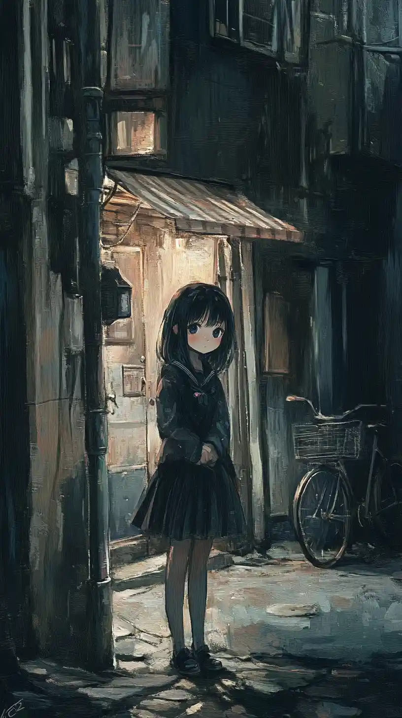 Melancholisches Anime-Schoolgirl umarmt Cowboy in den Schatten