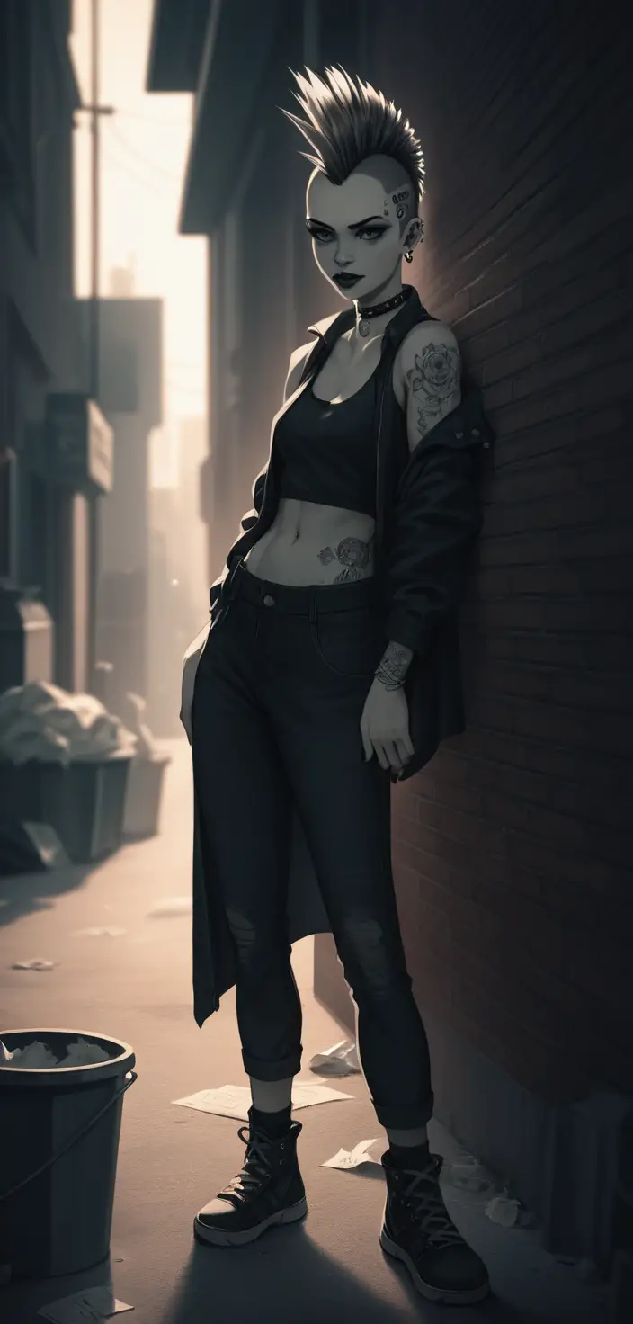 Punkfrau in Film-noir-Gasse mit hinterleuchteter Silhouette