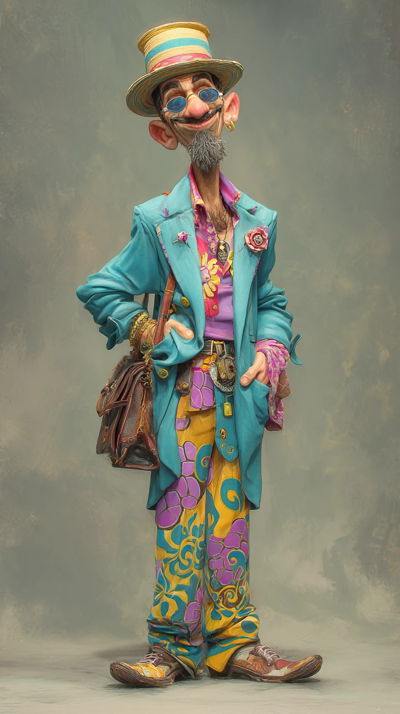 Goofy cartoon character in a vibrant eclectic outfit