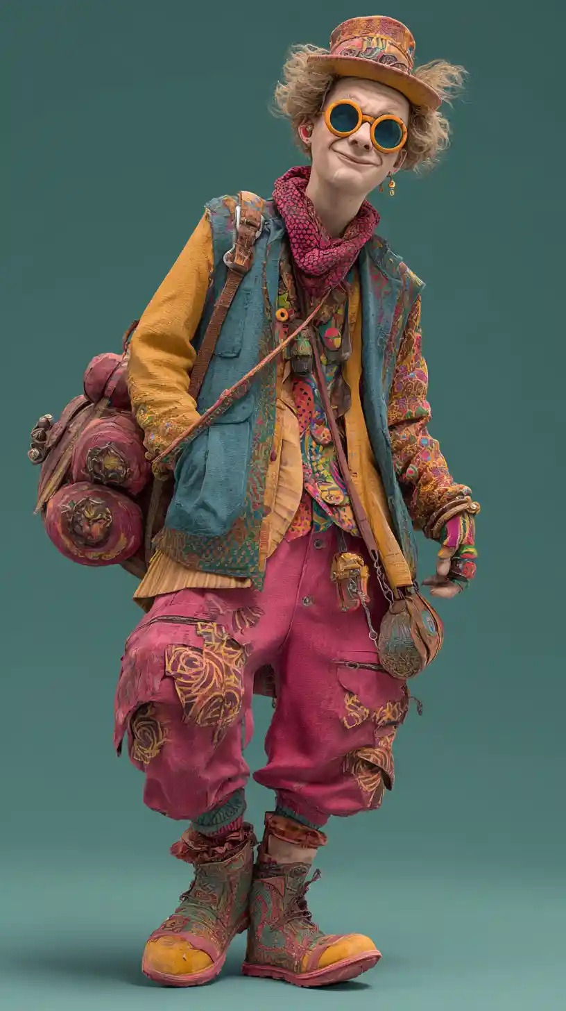 Goofy cartoon character in a colorful whimsical outfit