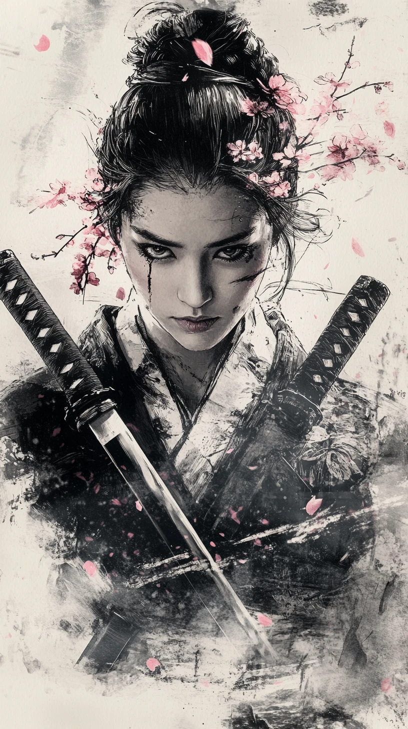 Stoic female samurai with katana and falling tear