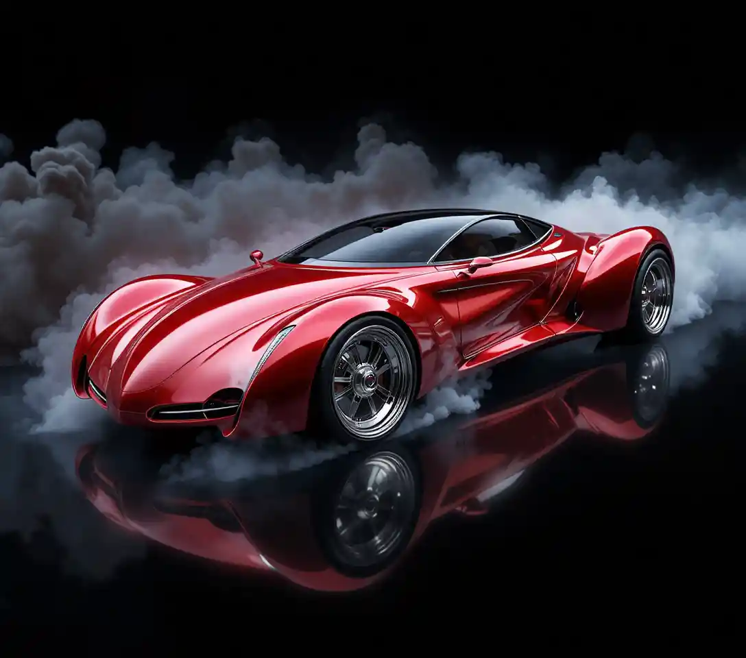 Carro conceitual futurista vermelho com rodas cromadas em fundo preto