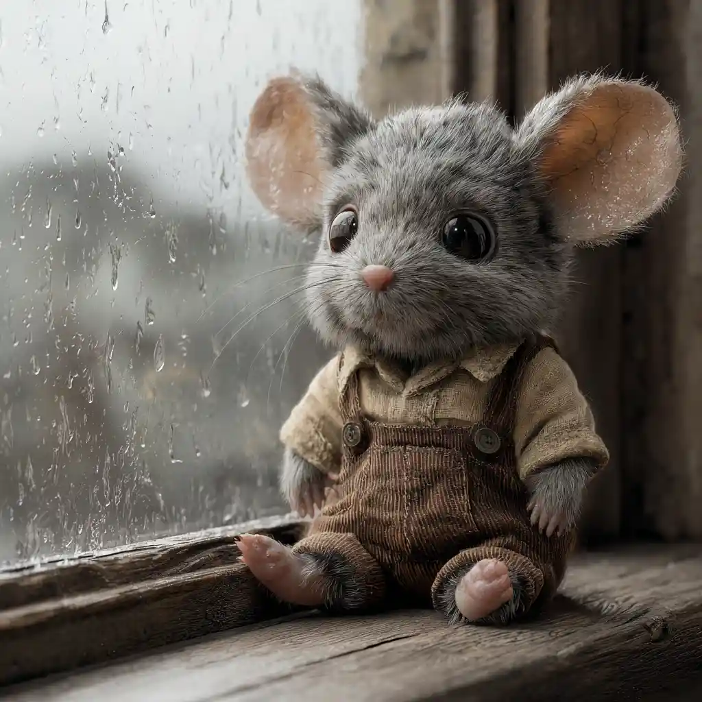 Adorable petite souris grise sur un rebord de fenêtre en bois sous la pluie