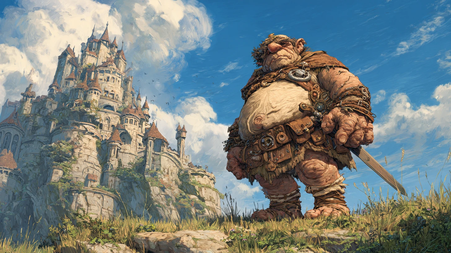 Rei troll majestoso diante de um enorme castelo de pedra fantástica