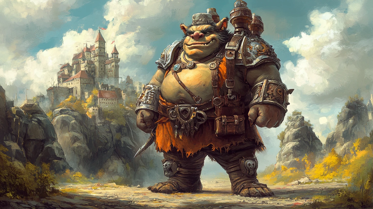 Rei Troll Régio diante de um enorme castelo de pedra fantástico