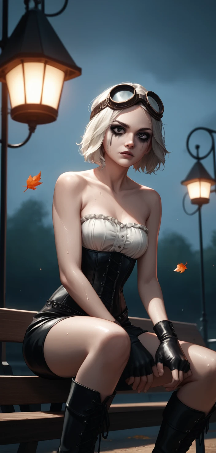 Steampunk goth woman on a rainy playground seesaw at night
