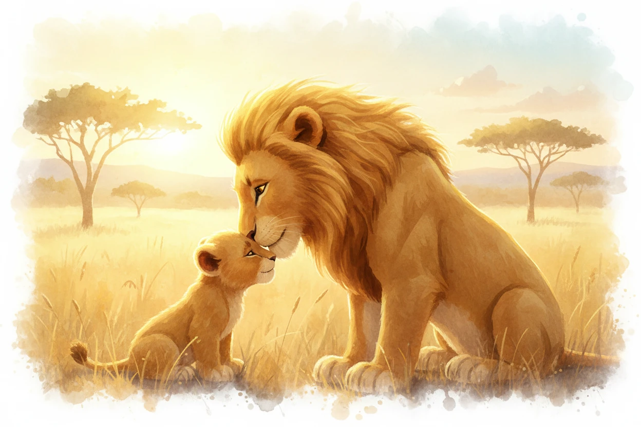 Lion cub nuzzling mother in soft watercolor sunrise scene