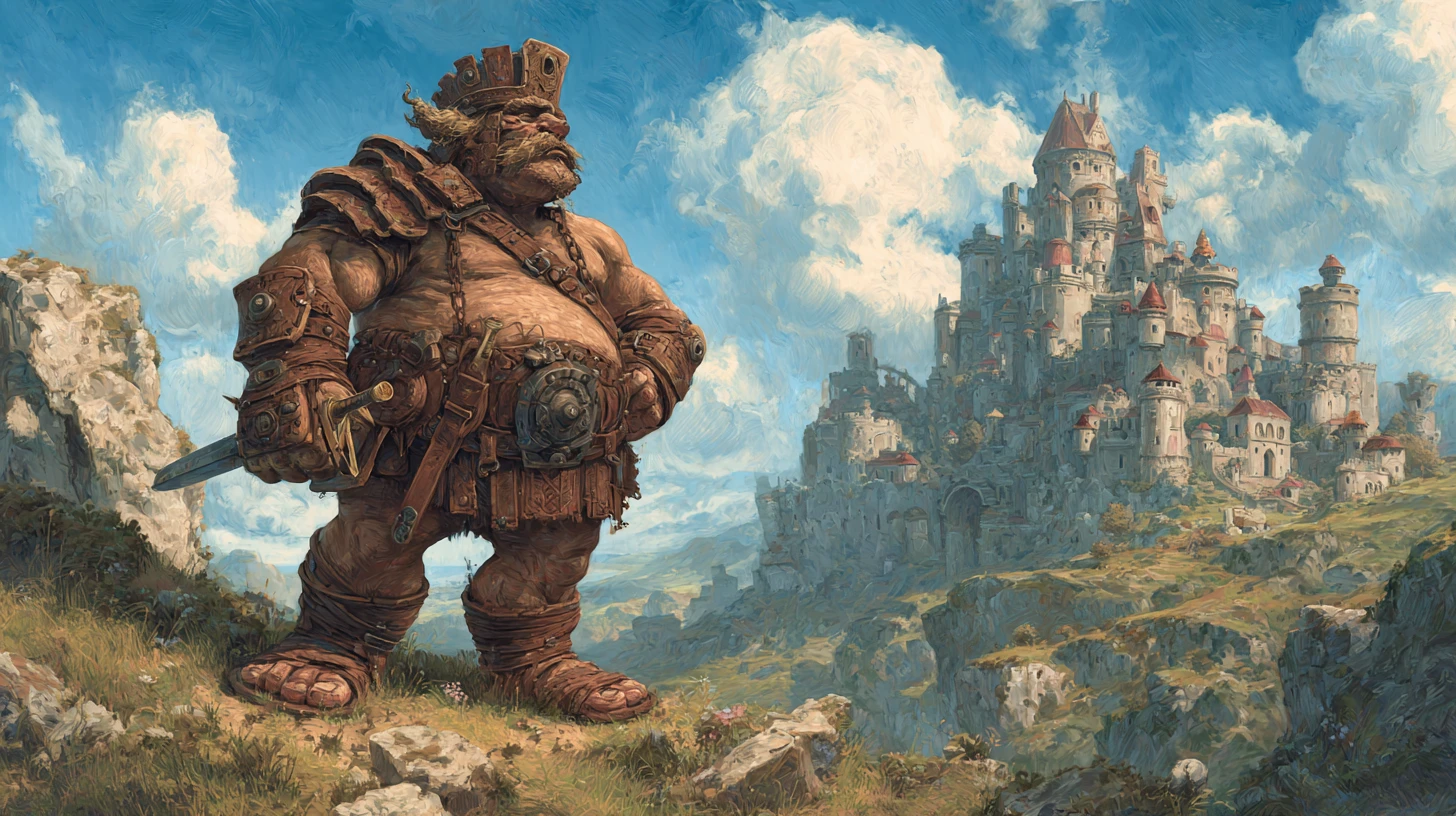Rei Troll Régio Diante de um Imenso Castelo de Pedra Fantástico