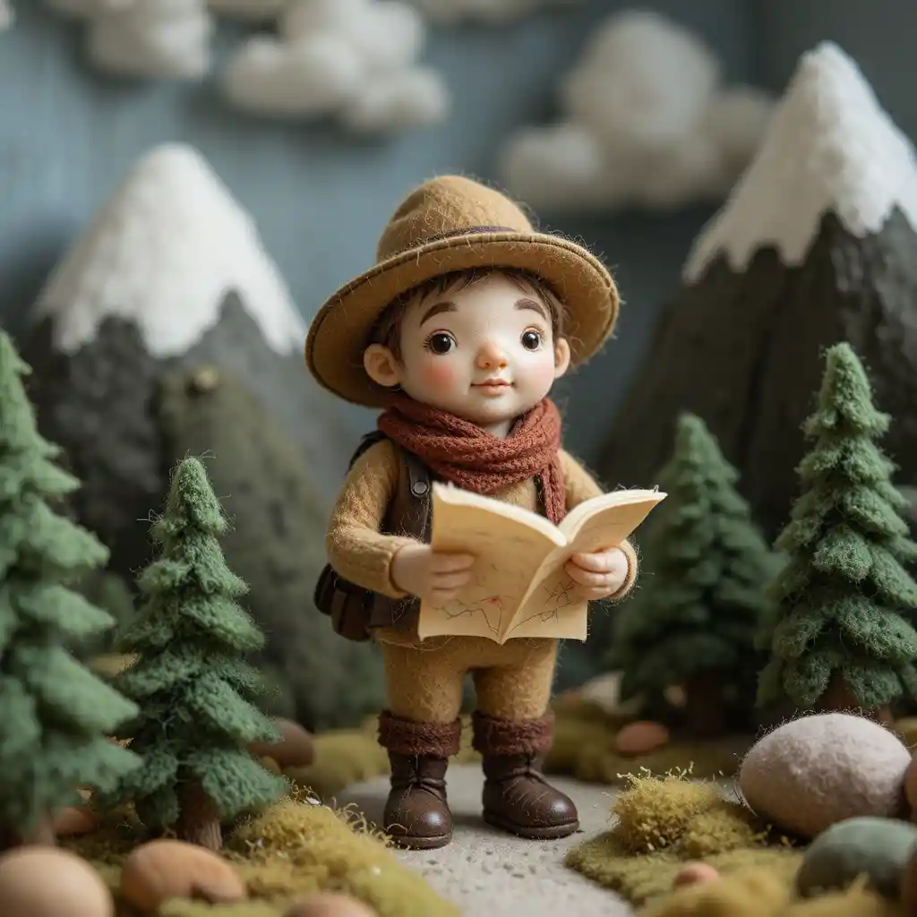Felted explorer toy in a cozy mountain diorama