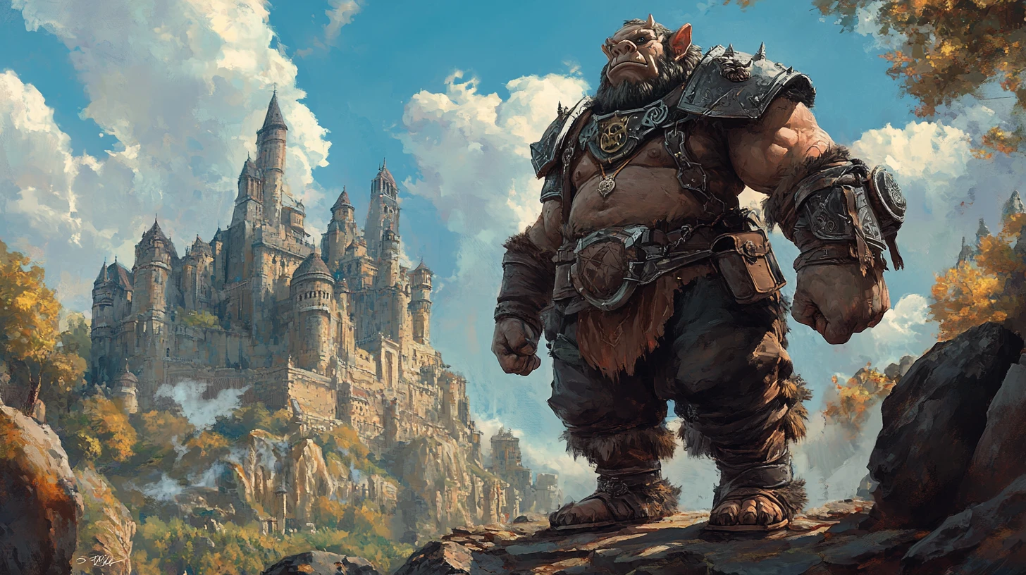 Rei troll majestoso diante de um enorme castelo de pedra fantástico