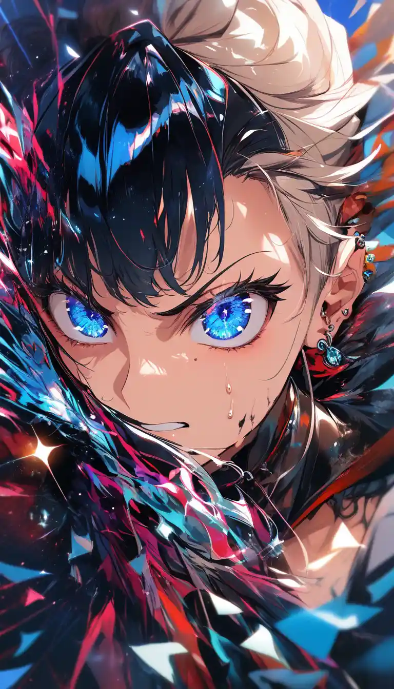 Close up anime girl with anguished blue eyes and shame