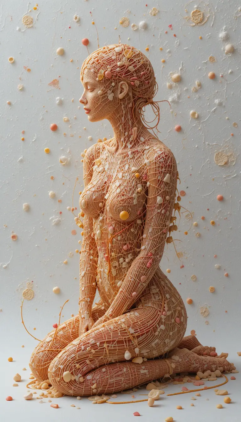 Abstract seated woman emerging from swirling warm colors