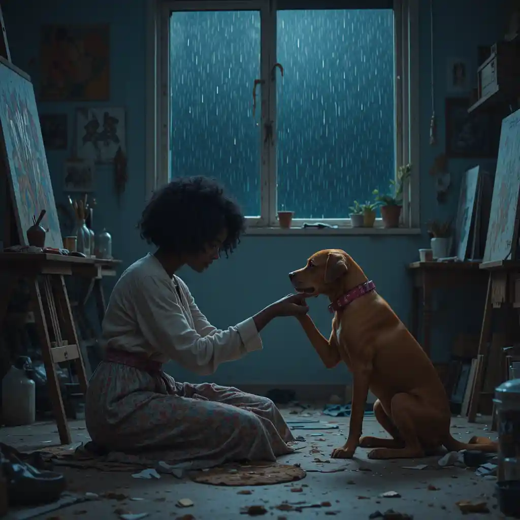 Crying woman comforted by dog in quiet art studio at night