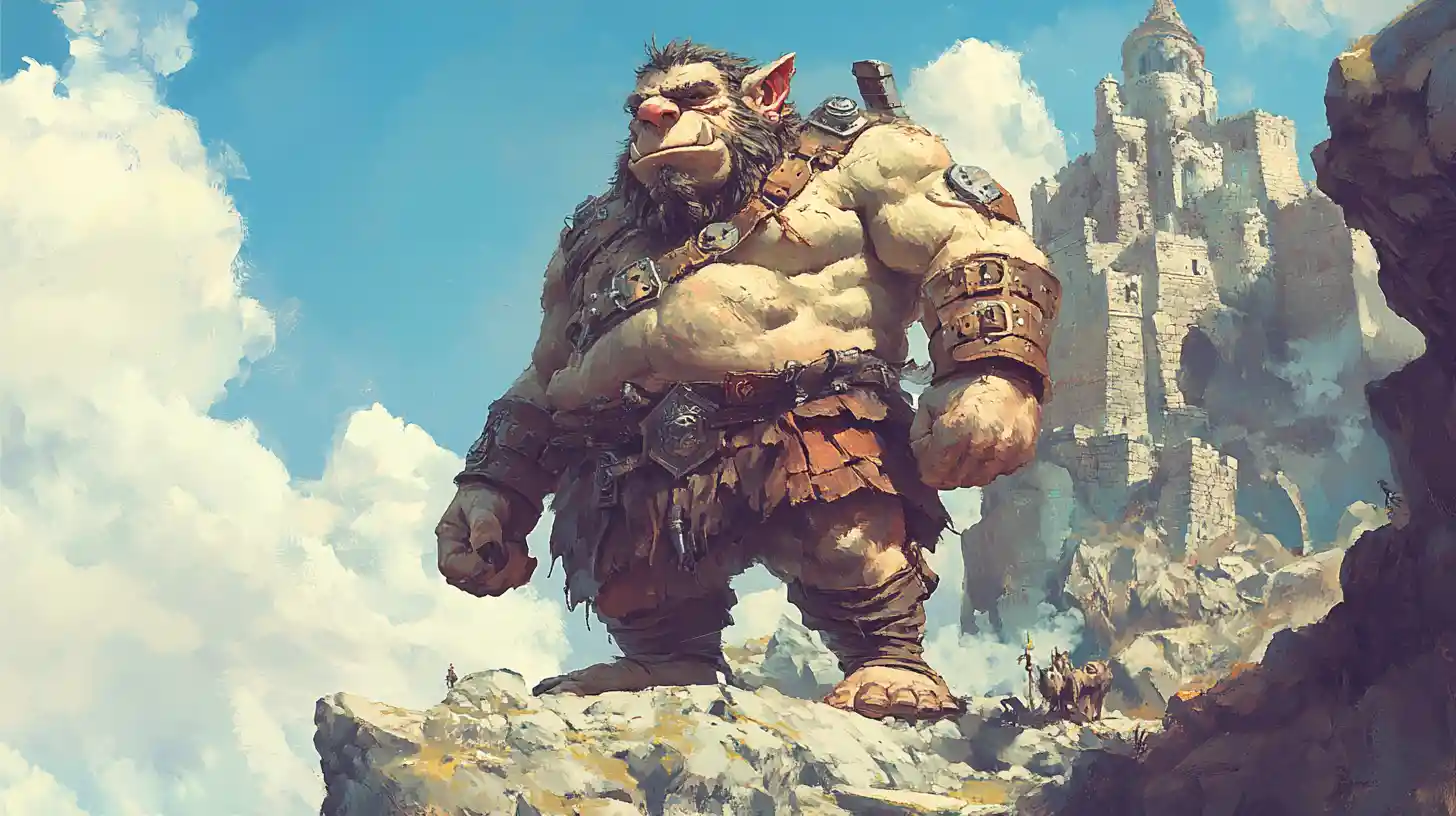 Roi troll royal devant un immense château de pierre fantastique