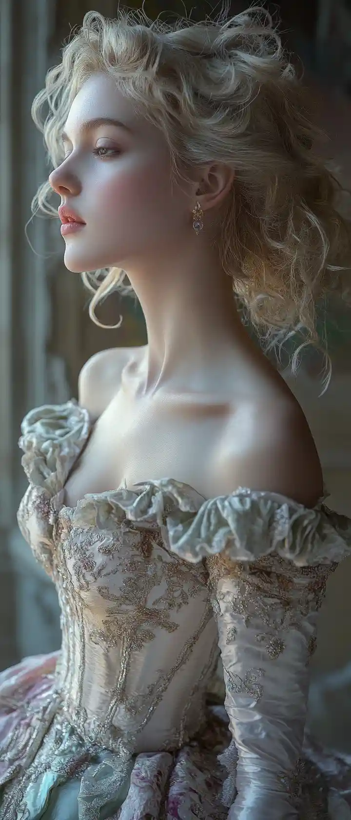Femme en robe de bal rococo en paisible portrait de profil cinématographique