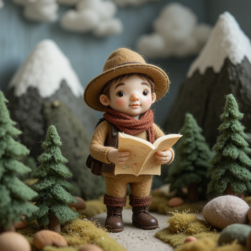 Giocattolo esploratore in feltro in un accogliente diorama di montagna
