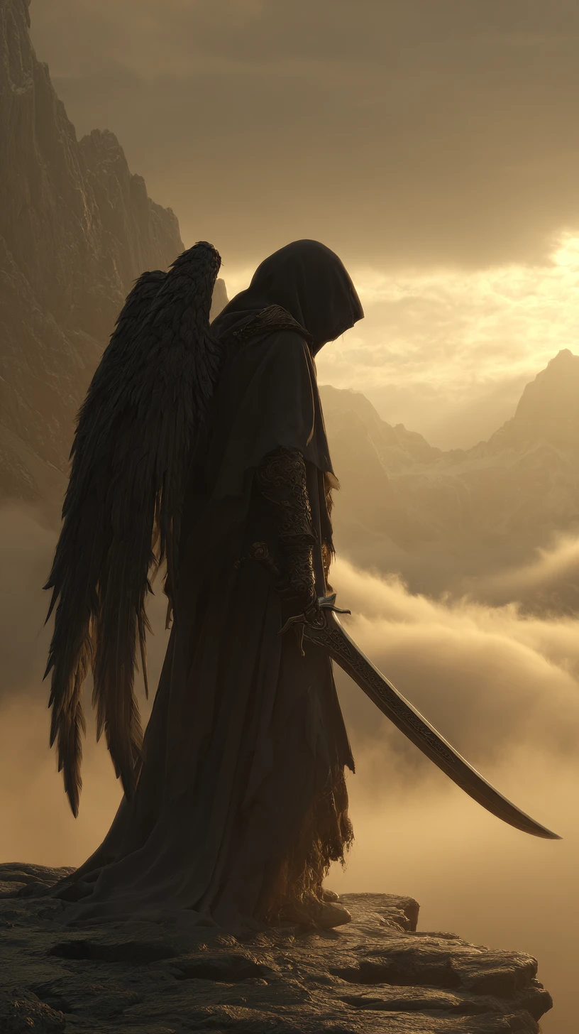 Anjo encapuzado sombrio em um penhasco ao pôr do sol