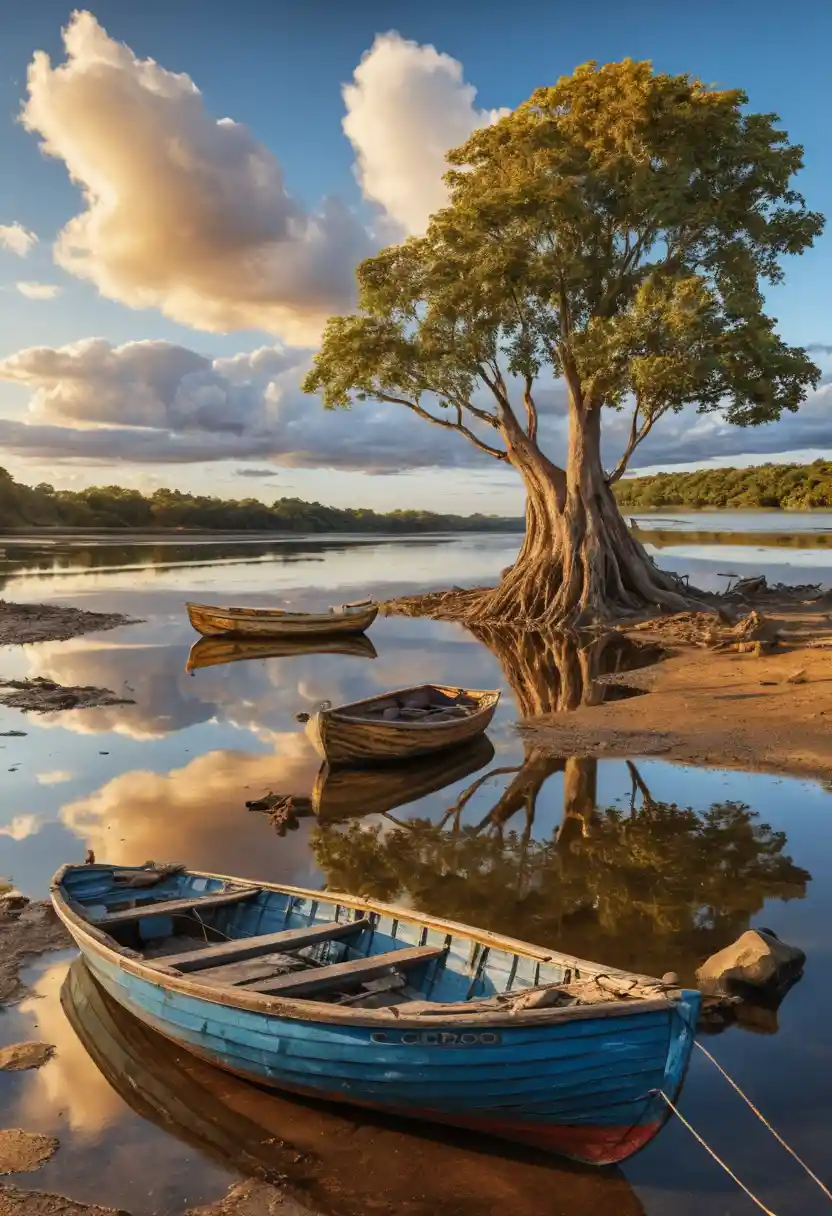 Sereno Rio Orinoco ao Pôr do Sol com Barcos de Madeira Abandonados