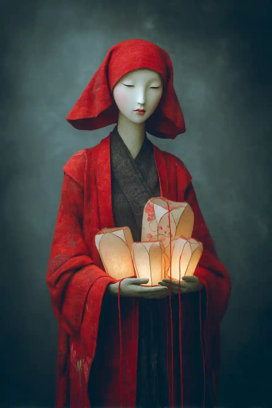 Traditional Chinese bride in red silk with glowing lanterns