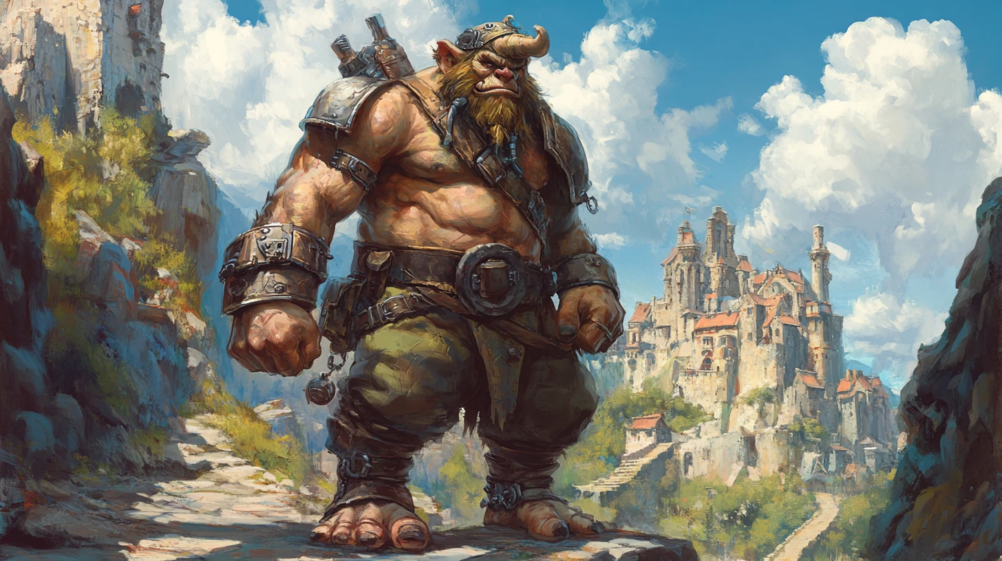 Roi troll royal devant un immense château de pierre fantastique