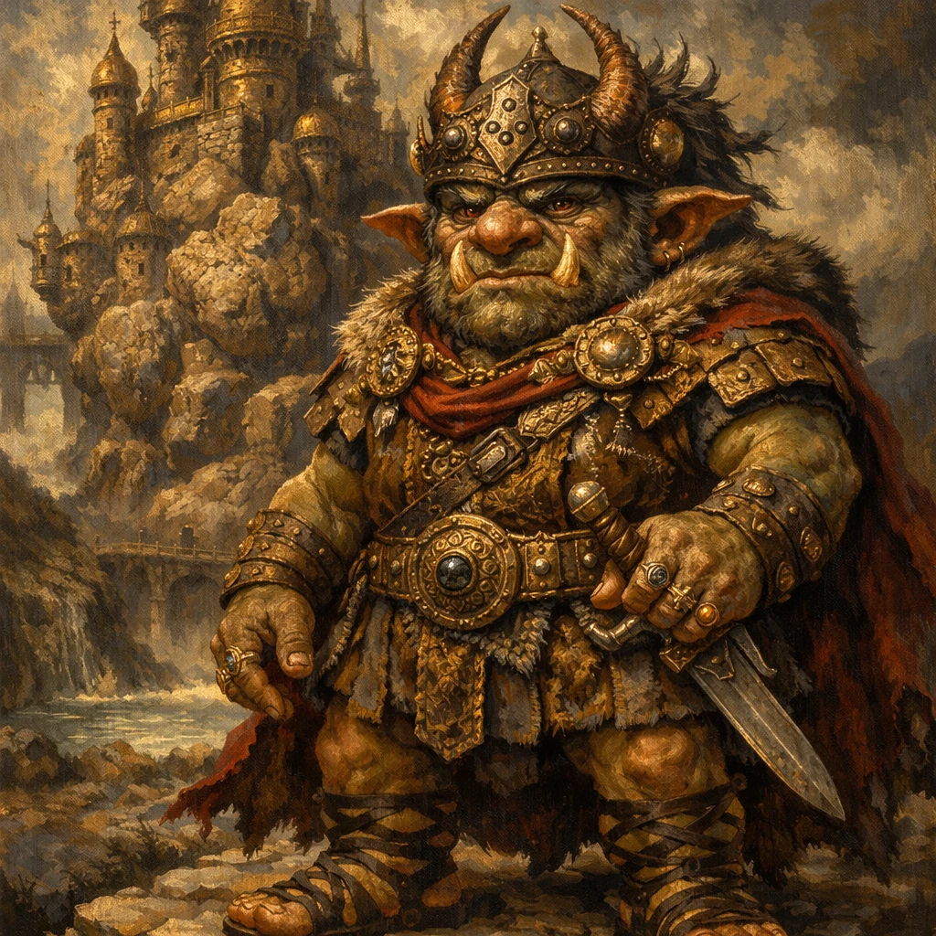 Roi troll royal devant un immense château fantastique en pierre
