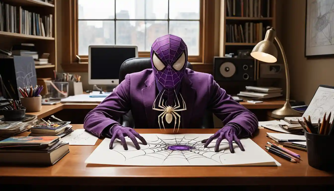 Aranha de desenho animado com heterocromia em uma mesa de storyboard