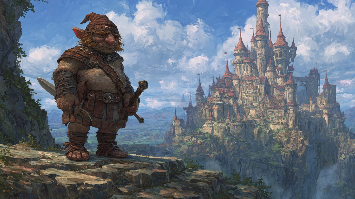 Roi troll royal devant un immense château de pierre fantastique