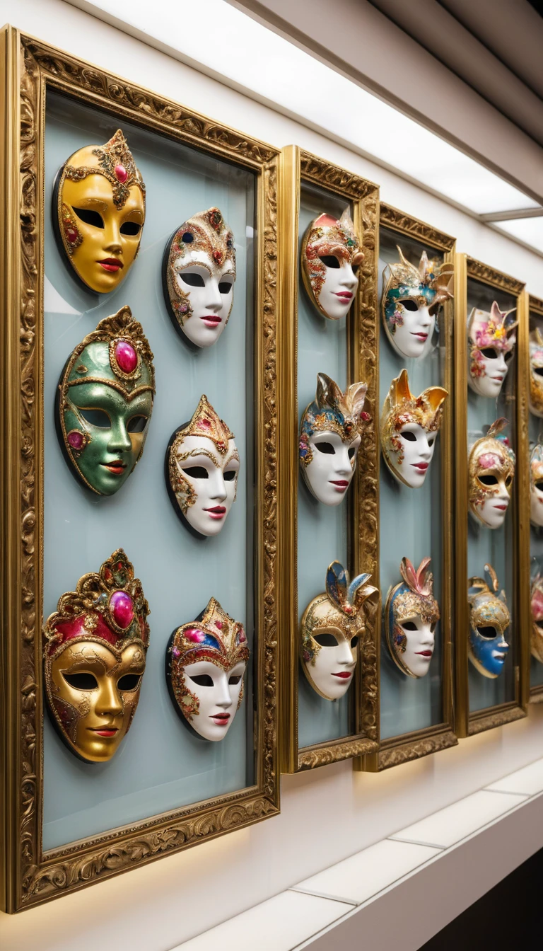 Colorful Venetian carnival masks displayed in glass frames